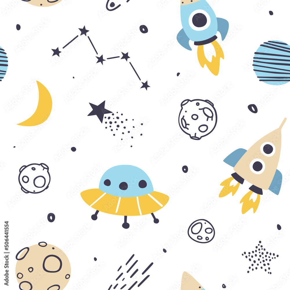 Wall mural cute outer space scandinavian pattern. cosmic vector seamless print for baby textile and fabric.