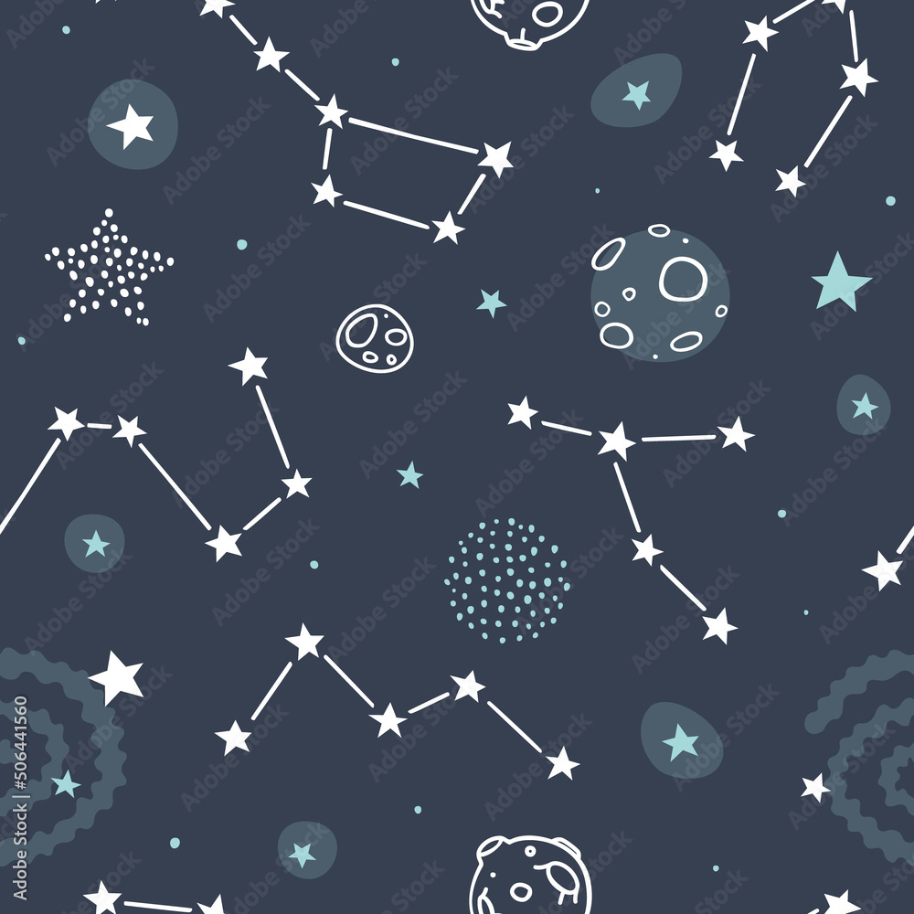Sticker night sky pattern with constellations. astronomy vector seamless print with stars and asteroid.