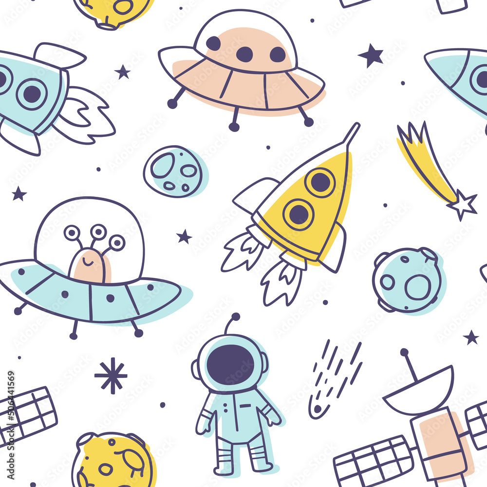 Canvas Prints outline doodle space pattern. cosmic seamless print with rockets and ufo for kids textile and wallpa