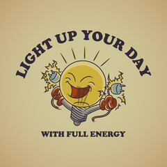 Fototapeta premium Cartoon emblem of happy bulb with retro style