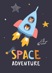 Kawaii animals flying on the rocket to the space. Cute cosmic adventure print with spaceship and lettering.