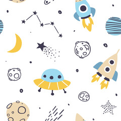 Cute outer space scandinavian pattern. Cosmic vector seamless print for baby textile and fabric.
