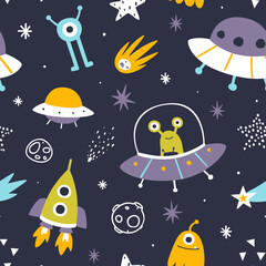 Cute space adventure pattern with aliens on ufo. Funny seamless cosmic print for baby textile and fabric.