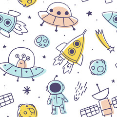 Outline doodle space pattern. Cosmic seamless print with rockets and ufo for kids textile and wallpaper.