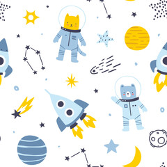Cute outer space pattern with animal astronauts. Cosmic seamless vector print for baby textile and wallpaper.