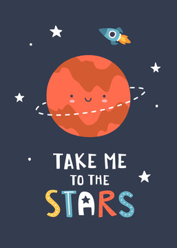 Cute scandinavian poster with smiling planet and lettering. Kawaii space print with mars and text.