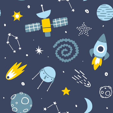 Outer space blue baby pattern. Cosmic vector seamless print for nursery wallpaper and kids textile.