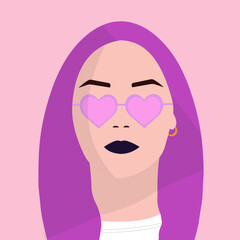girl face with heart glasses and pink hair