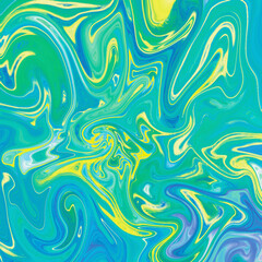 Green, blue, yellow marble texture design, abstract painting, fashion art print. Green, blue and yellow waves. Fluid marble texture.