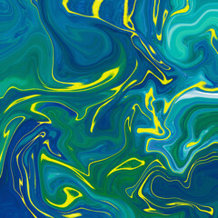 Blue  green marble texture design, abstract painting, fashion art print. Blue, green and yellow waves.Fluid marble texture.