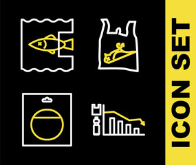 Set line Dead bird, plastic, Ecology infographic, Battery pack and Stop ocean pollution icon. Vector