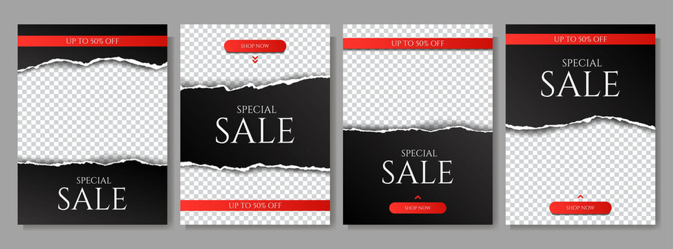 Vector Illustration. Torn Paper Effect. Black Gradient Color Banner Collection. Design For Brochure, Book Cover, Magazine, Poster, Gift Or Business Card, Banner, Flyer. Decorative Realistic Concept