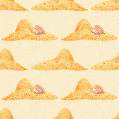 Watercolor seamless pattern with beach sand illustration. For greeting cards, stationery, wrapping paper, wallpaper, splash screen, social media, etc.