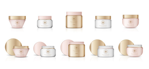 Realistic cosmetic bottles on white background. Cosmetic cream containers and tubes for cream, lotion, shampoo, gel, balsam, conditioner, spray. 3d Vector Illustration