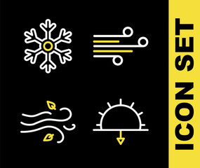 Set line Wind, Sunset, and Snowflake icon. Vector