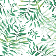 Green leaves. Leaf watercolor illustration. Watercolor seamless decoration. Floral illustration. Foliage pattern	