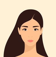Portrait of a young beautiful asian woman with long brown hair. Vector illustration in flat style