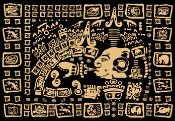 Tribal elements and symbols of ancient America on a black background. Patterns of the ancient civilizations.The Aztecs, Mayans, Incas.

