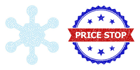 Polygonal snow flake carcass icon, and bicolor grunge Price Stop seal stamp. Polygonal wireframe symbol based on snow flake icon.