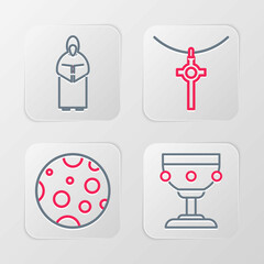 Set line Christian chalice, Moon, cross chain and Monk icon. Vector