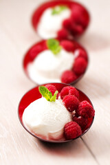 Ice cream with fresh raspberries. High quality photo
