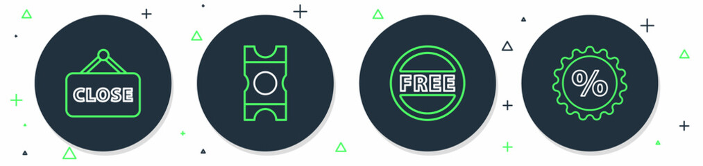 Set line Coupon, Price tag with Free, Hanging sign Closed and Discount percent icon. Vector