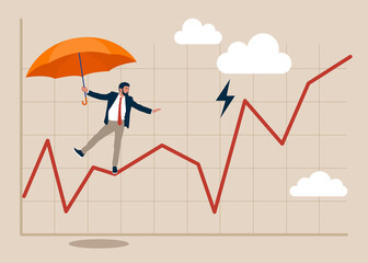 Businessman acrobat planning to walk on risky investment graph. Risk and uncertainty, investment volatility or stock market and crypto currency fluctuation up and down, all weather strategy concept. - obrazy, fototapety, plakaty