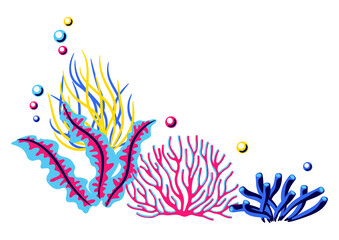 Fototapeta na wymiar Background with sea algae and corals. Marine life aquarium and sea flora.