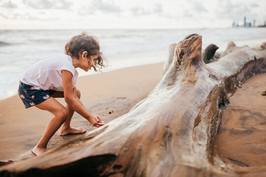 A little girl playing at the beach