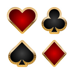 Card suits icon set for casino with gold border and stars