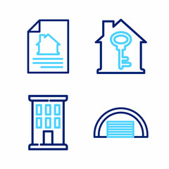 Set line Garage, House, with key and contract icon. Vector