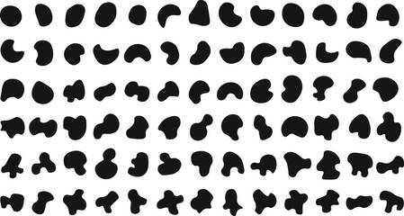 Fototapeta premium Abstract organic liquid shapes, black random blobs. Irregular bubble shape form, splodge, spot. Fluid geometric element silhouette Abstract organic liquid shapes, black random blobs. Irregular bubble 
