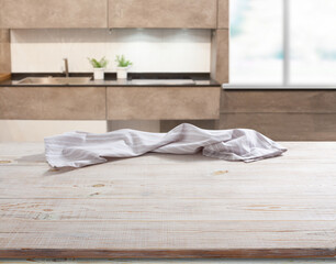 White napkin, table cloth on wooden deck mockup. Kitchen interior background