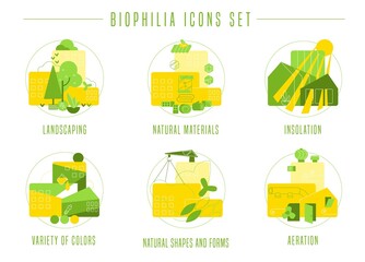 Biophilia signs set in bright colors. Editable vector illustration