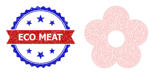 Net flower model icon, and bicolor scratched Eco Meat seal stamp. Polygonal wireframe image is designed with flower icon. Vector seal with Eco Meat title inside red ribbon and blue rosette,