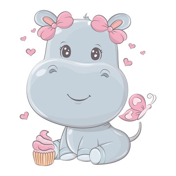 Cute cartoon hippo smiling with a feather. Cute little illustration of hippopotamus for kids, baby book, fairy tales, baby shower, textile t-shirt, sticker. Vector illustration of a cute animal.