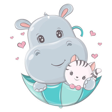 Cute hippo in an umbrella with a cat. Cute little illustration of hippopotamus for kids, baby book, fairy tales, baby shower, textile t-shirt, sticker. Vector illustration of a cute animal.