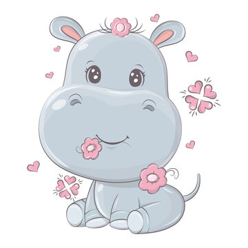 Cute hippo vector illustration. Cute little illustration of hippopotamus for kids, baby book, fairy tales, baby shower, textile t-shirt, sticker. Vector illustration of a cute animal.
