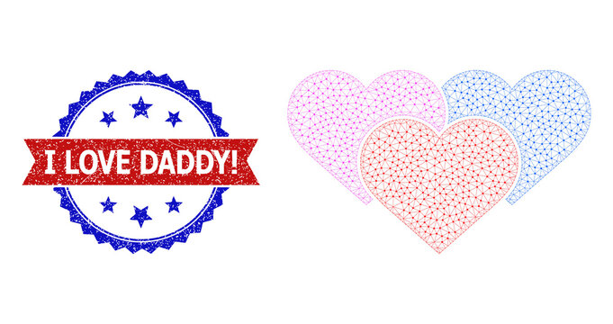 Polygonal lovely hearts carcass icon, and bicolor unclean I Love Daddy! seal stamp. Polygonal wireframe image is designed with lovely hearts icon.