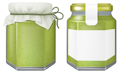 A glass jar of pistachio cream isolated on white background. Vector illustration.