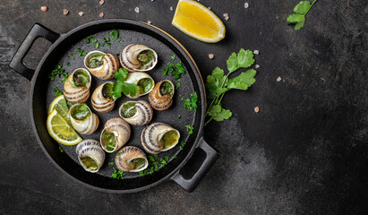 Delicious cooked sea escargo snails with herbs, butter, garlic on metal plate on a dark background. gourmet food. Restaurant menu, Traditional French cuisine