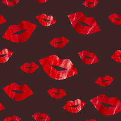 Seamless pattern with red textured watercolor lips on dark background, hand-drawn.