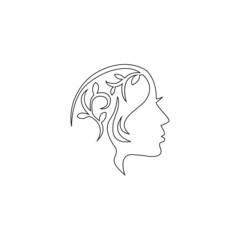 Abstract minimal line drawing beauty woman face with leaves - abstract emblem for cosmetics and beauty products