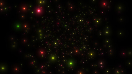 Colorful particles abstract background. Beautiful futuristic glittering in space on black background.