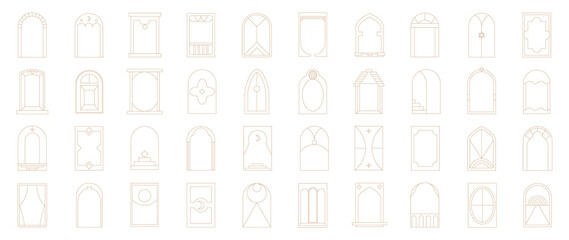 Set of line frame element vector. Abstract geometric line in minimal style with doors, stairs, stars, windows, ladders. Collection of different frame element design for decorative, card, logo, ads.