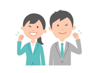 ガッツポーズのビジネスパーソン2人　爽やか　上半身