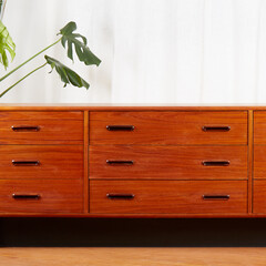 Mid-Century Modern Wooden Teak Nine drawer Dresser. Vintage bedroom furniture with houseplants