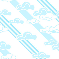 Vector seamless pattern in pastel light blue colors on a white background white and blue clouds on a background of blue slanted lines for fabric design