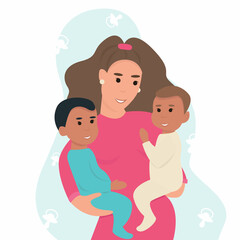 Mother's day card. Mom holds her son in her arms.Vector illustration