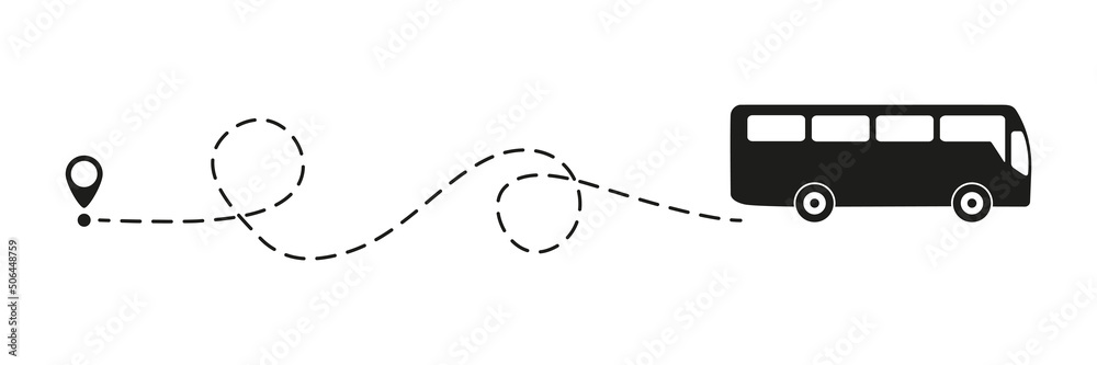 Wall mural bus icon with line start point. bus driving on dotted route with map pin. vector isolated on white.
